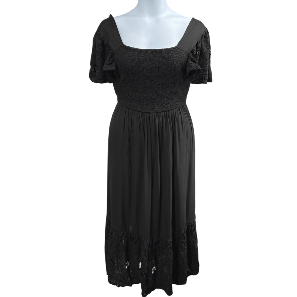 Anthropologie Seen Worn Kept Black Smocked Midi Dress Lace Hem Puff Sleeve‎ XLP